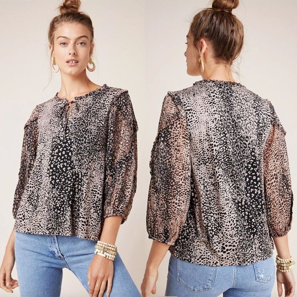 ANTHROPOLOGIE‎ MAEVE Jacquin Animal Print Peasant Blouse Sz XS